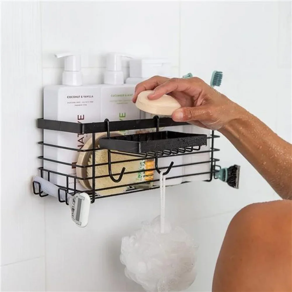 Shower Wall Caddy with Removable Soap Holder – 6 Sturdy Hooks for Storage
